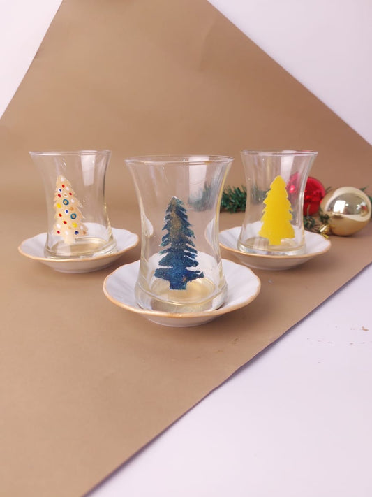 Three Metallic Christmas Trees Tea Cups With Saucers Set of Six