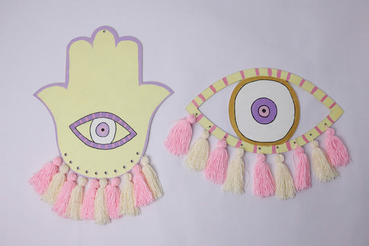 Yellow &Pink Eye & Hand Wall Décor With Tassels