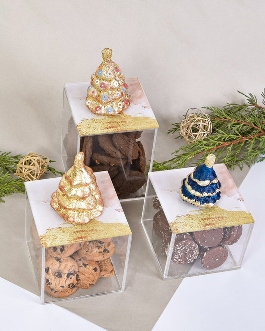 Three Metalic Christmas Trees Boxes Set of 3 10X10X10CM 10X10X8CM 10X10X12CM