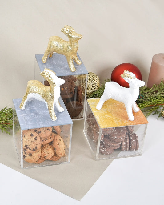 Three Christmas Deers Gold & White Boxes Set of 3 10X10X10CM 10X10X8CM 10X10X12CM