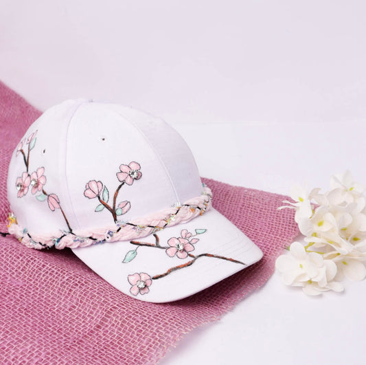 White & Pink Hand Painted Cap with Rhinestones