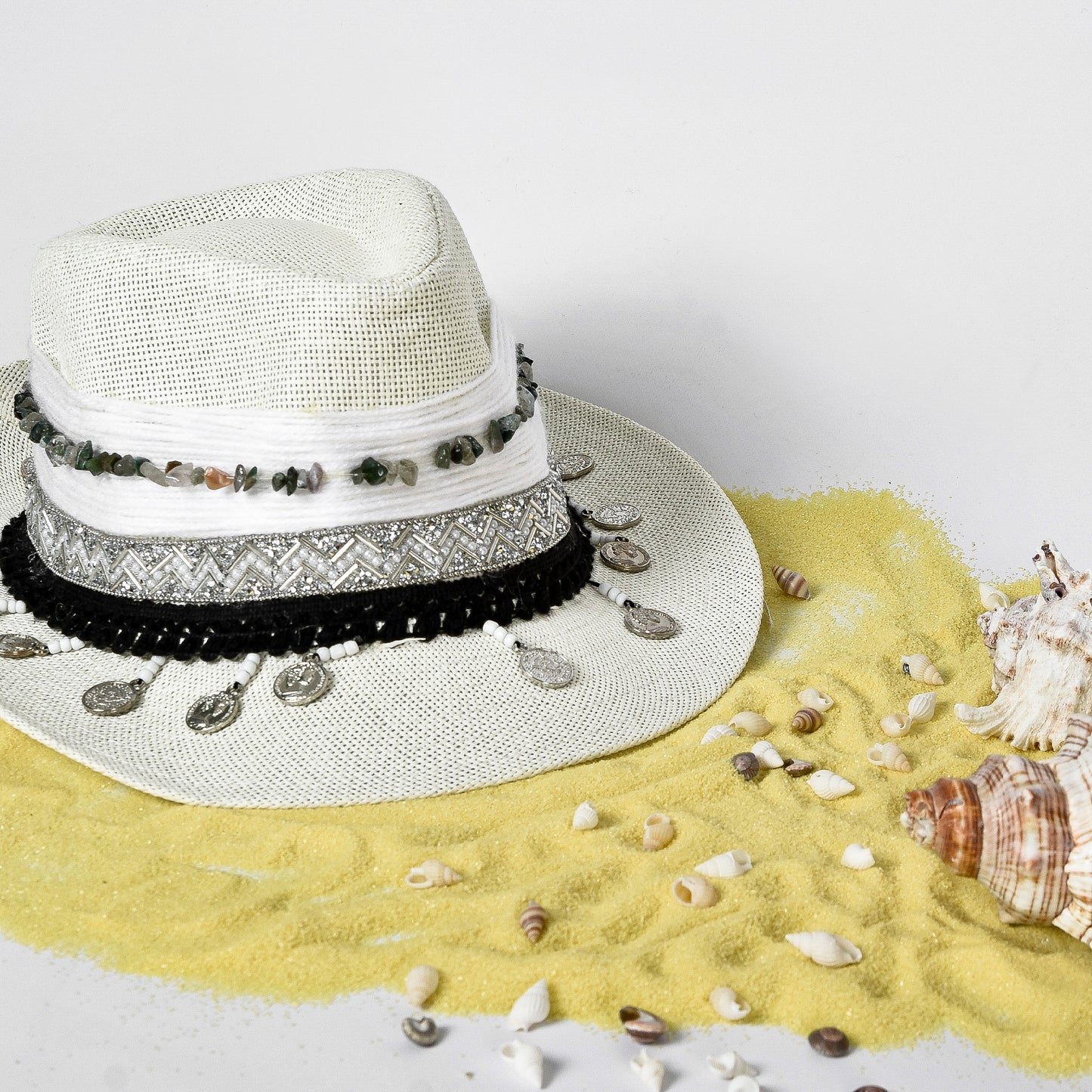 Black & White Embellished Hat with Silver Coins