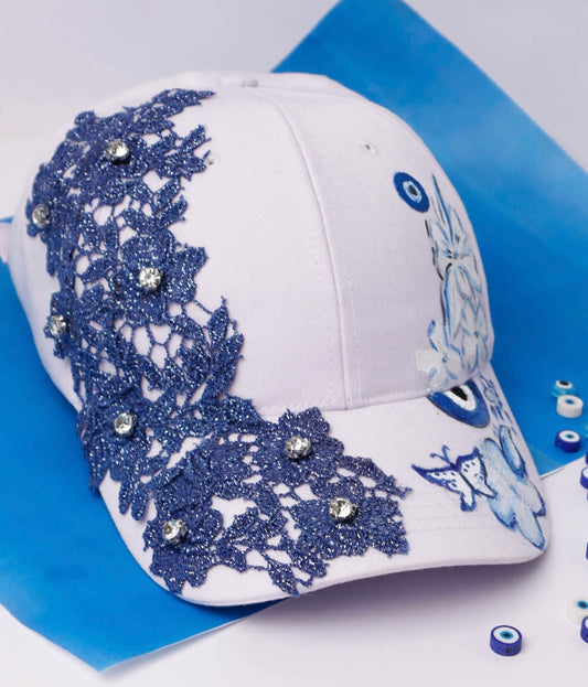 Hand Painted White Cap with Blue Lace & Rhinestones