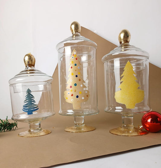 Three Metallic Christmas Trees Candy Jars Set of 3