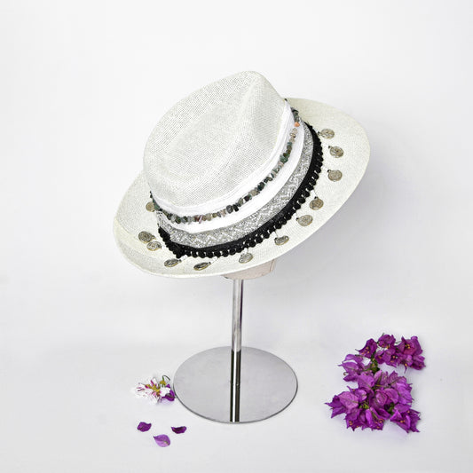 Black & White Embellished Hat with Silver Coins