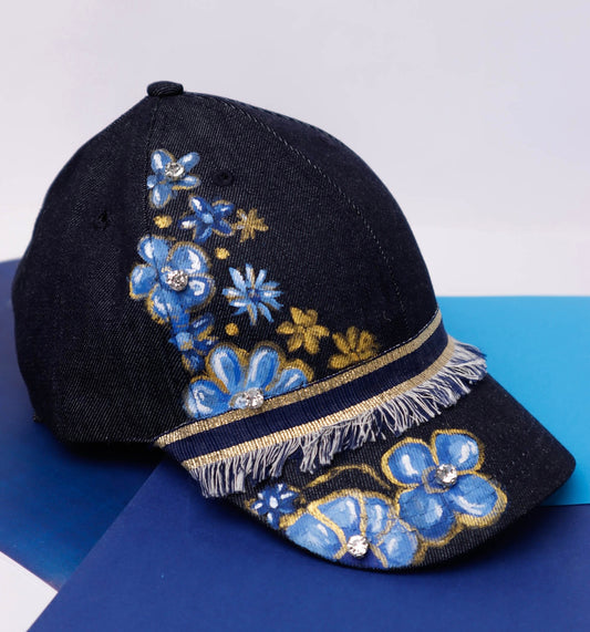 Denim Hand Painted Cap With Gold Fringes & Rhinestones