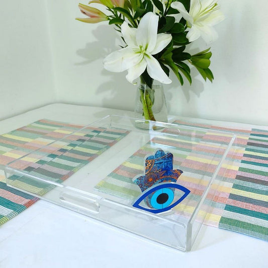 Blue Embellished Fatima Hand Big Plexi Tray