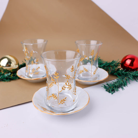 Three Christmas Deers Gold & White Tea Cups With Saucers Set of Six