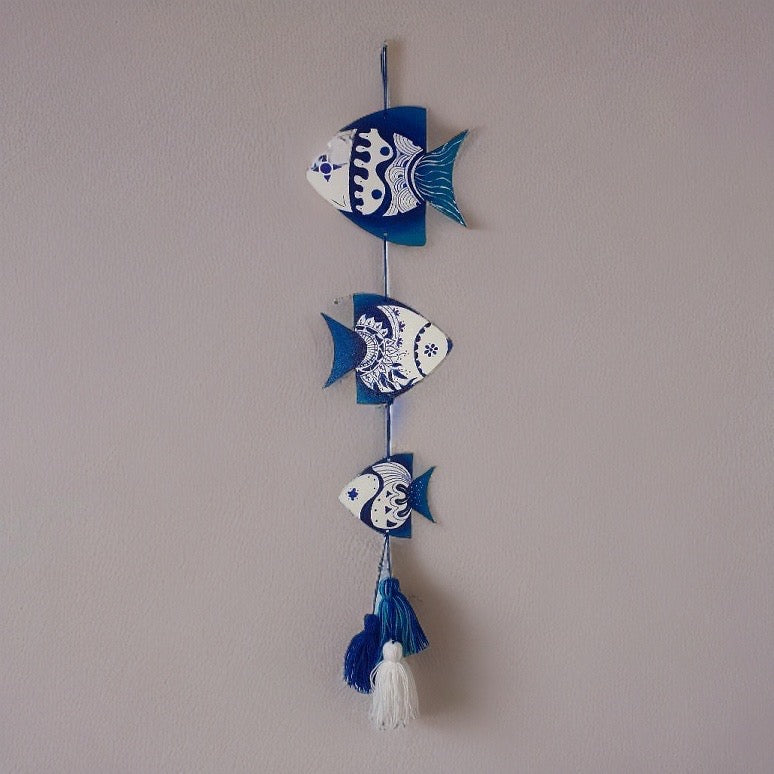 Hand Painted Wall Decor Blue Fish Set of Three